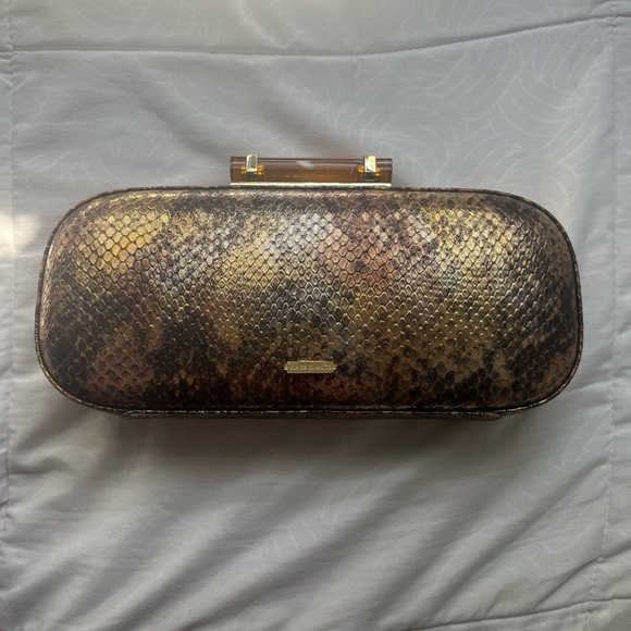 Vince Camuto Handbags - Vince Camuto Gold and Brown Snakeskin Clutch